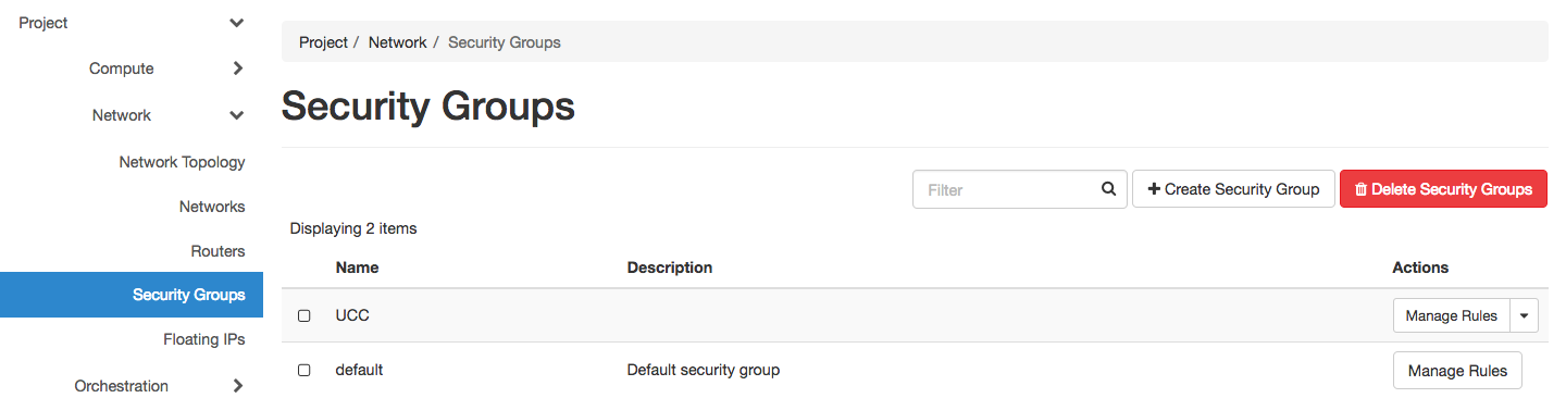 The Security Groups page