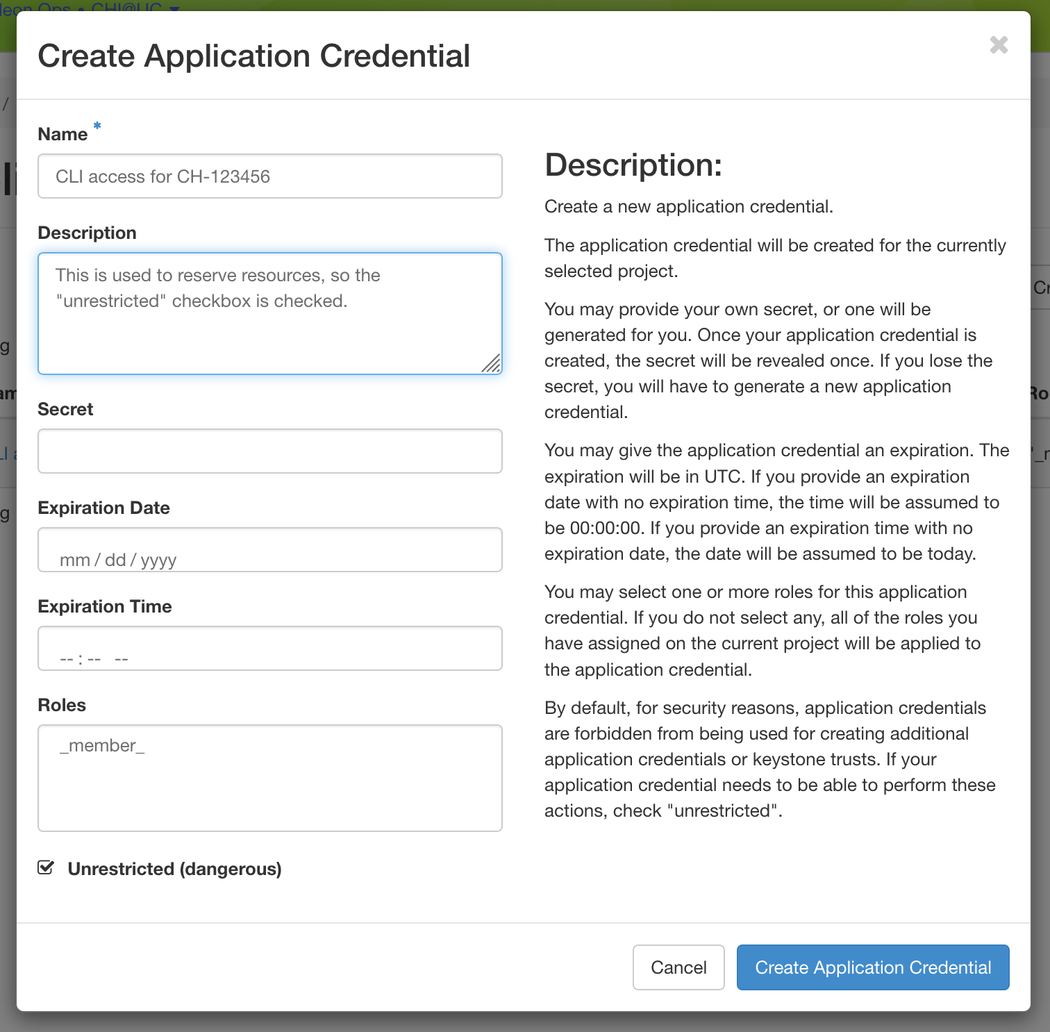 Creating an application credential via the GUI