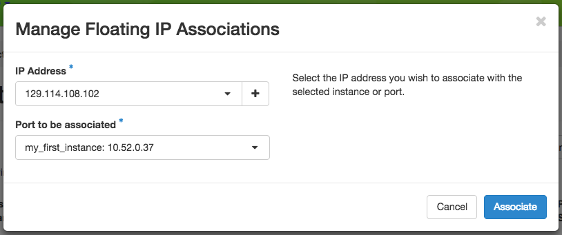 The Manage Floating IP Associations dialog with an IP selected