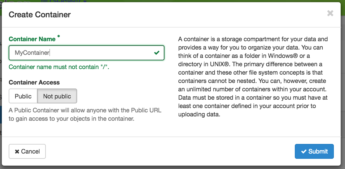 The Create Container dialog