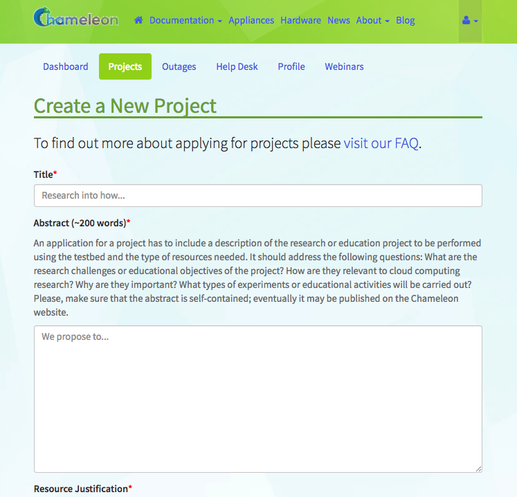 The Create a New Project form