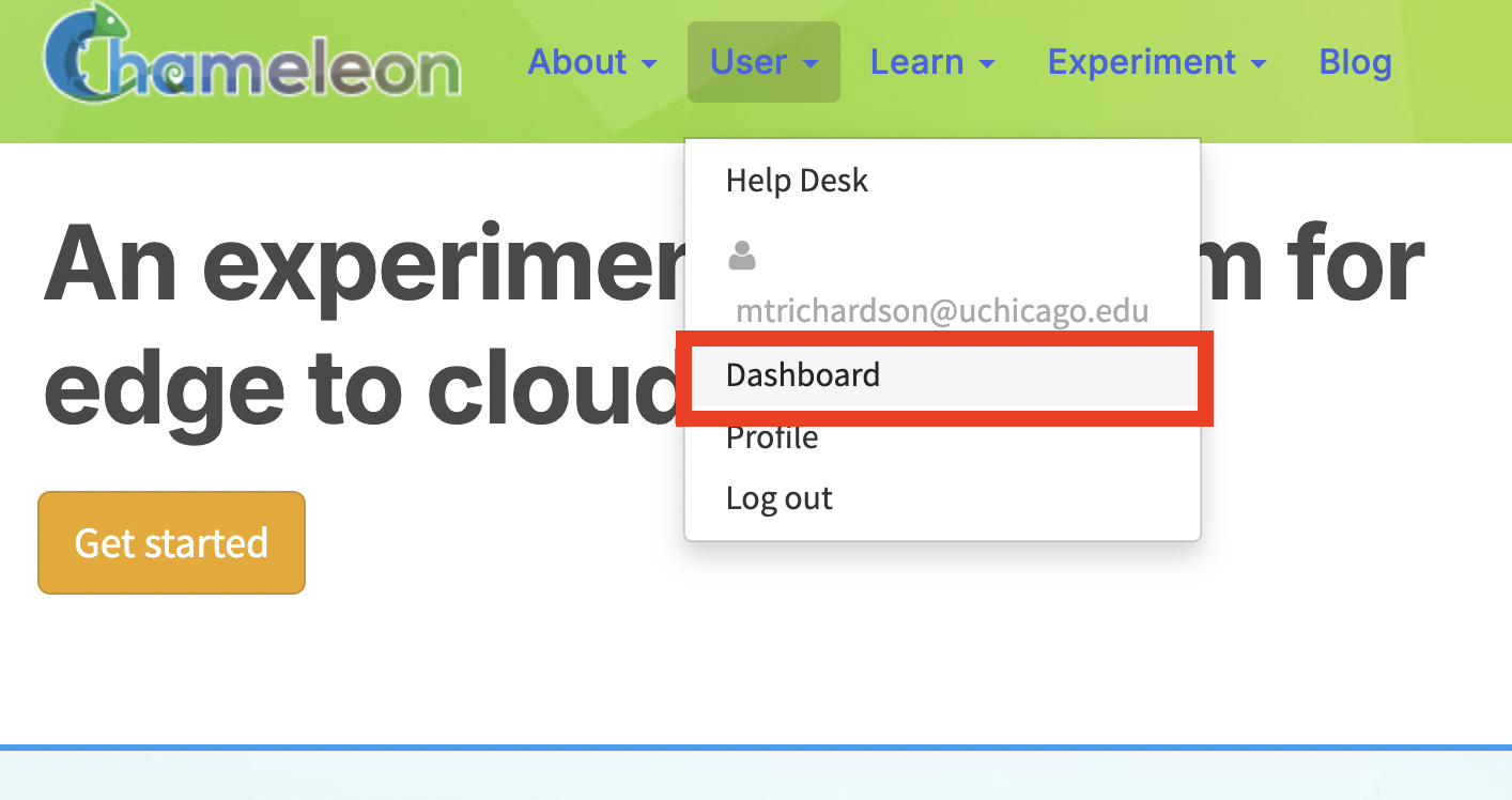 Screenshot showing a dropdown menu with the opion "Dashboard" selected