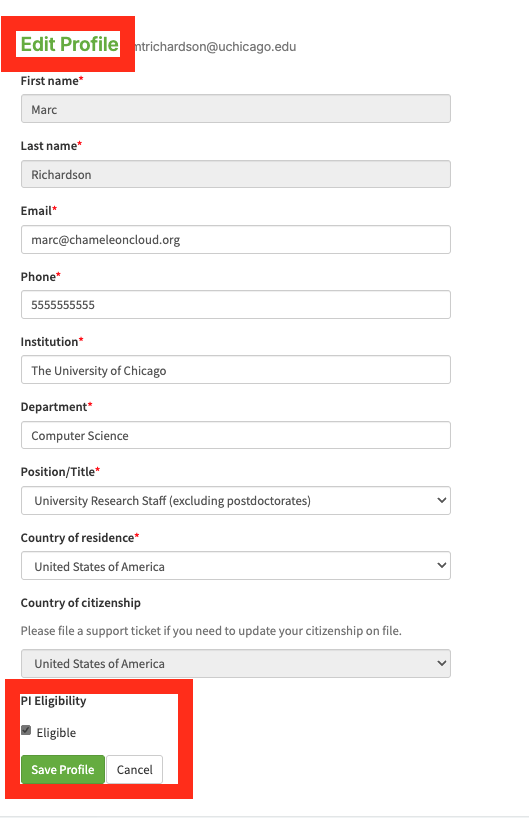 Webpage displaying the user profile page on Chameleon Cloud
