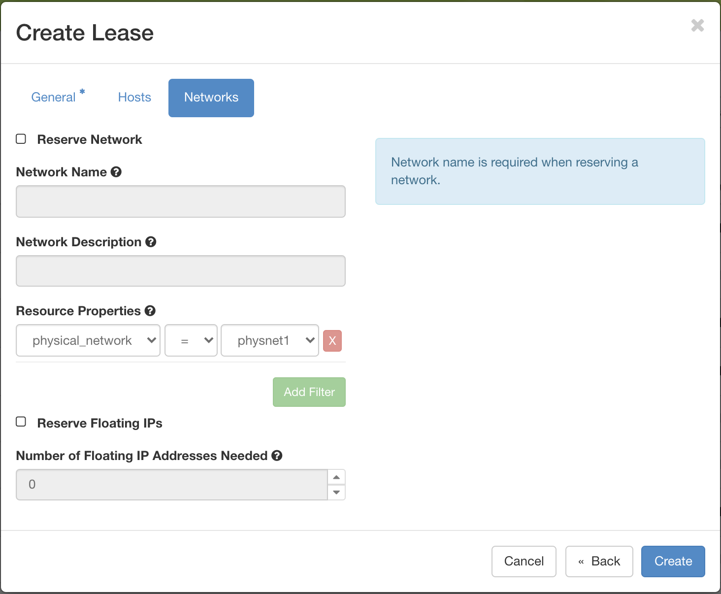 The Create Lease dialog Network reservation tab