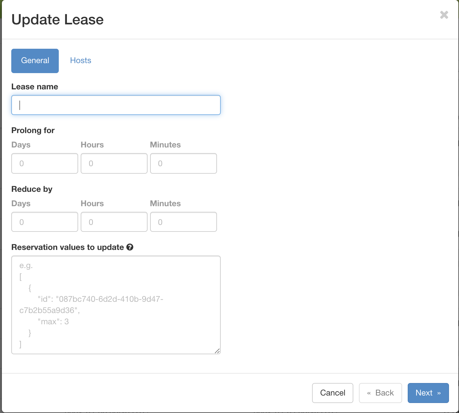 The Update Lease Parameters dialog