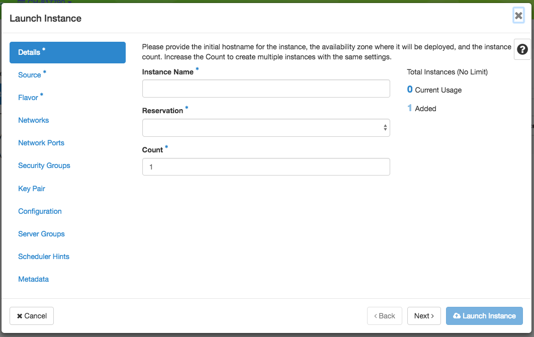 The Launch Instance wizard.