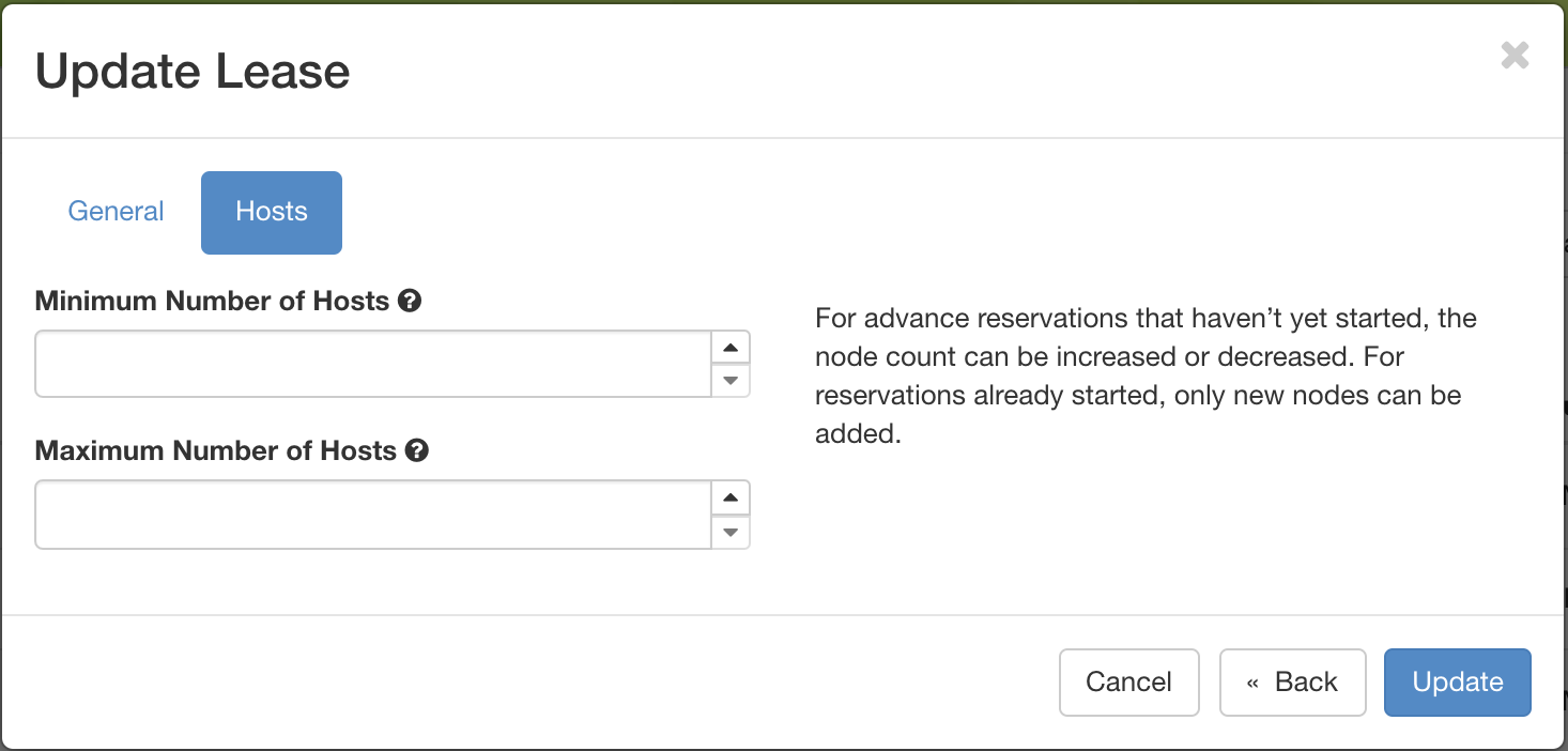The Update Lease Parameters dialog, changing the number of reserved nodes