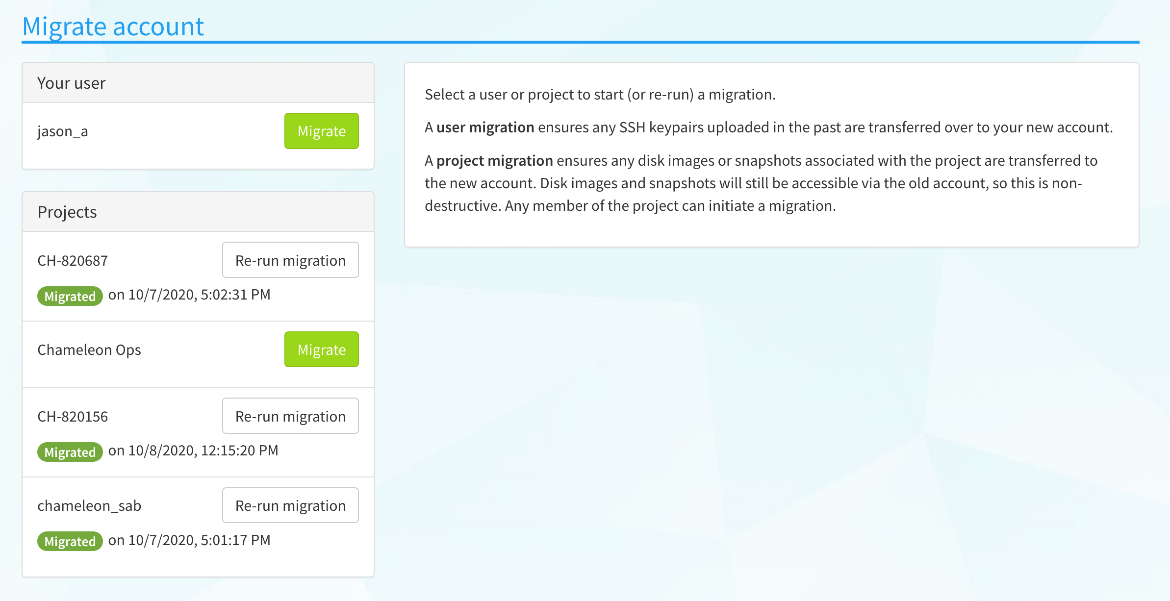 The account migration helper page.