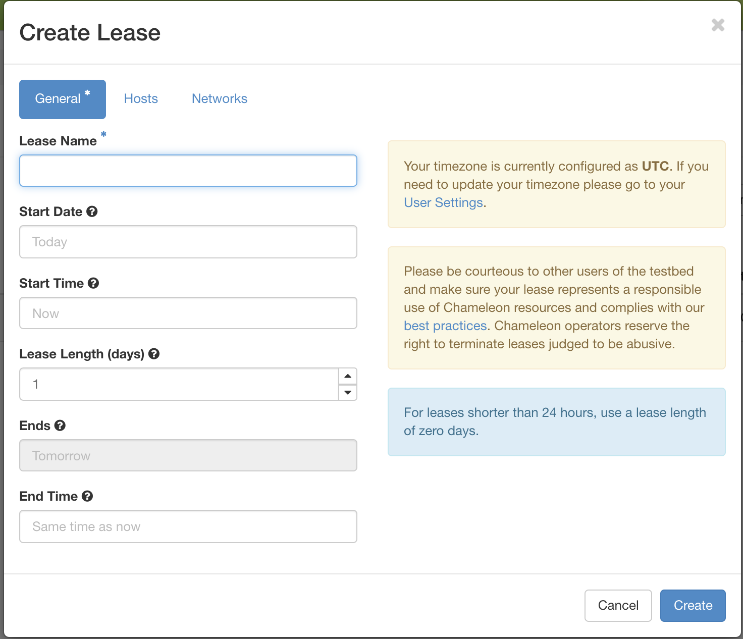 The Create Lease dialog