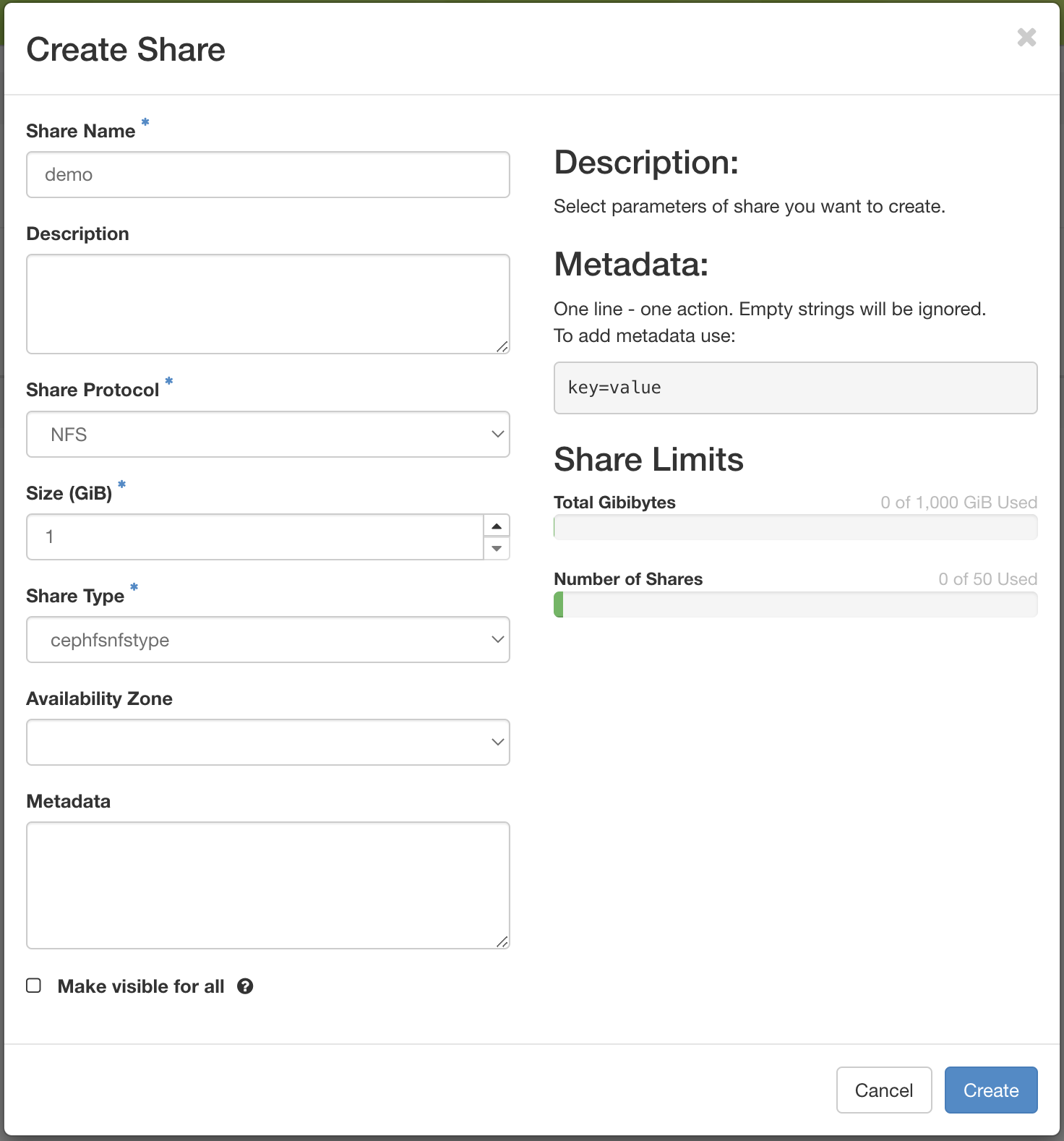The Create Share dialog