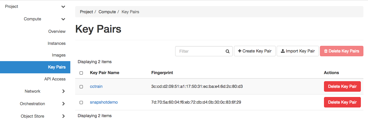The Key Pairs page
