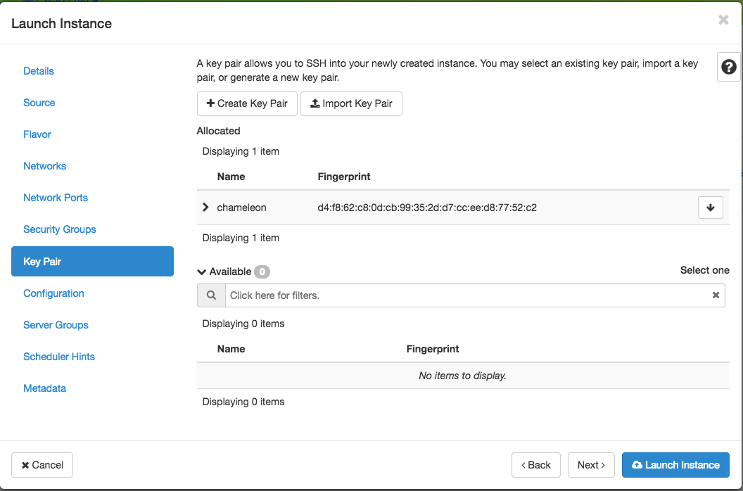 The Key Pair configuration step