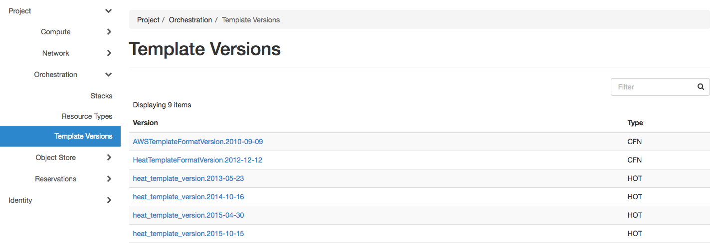 The Template Versions page