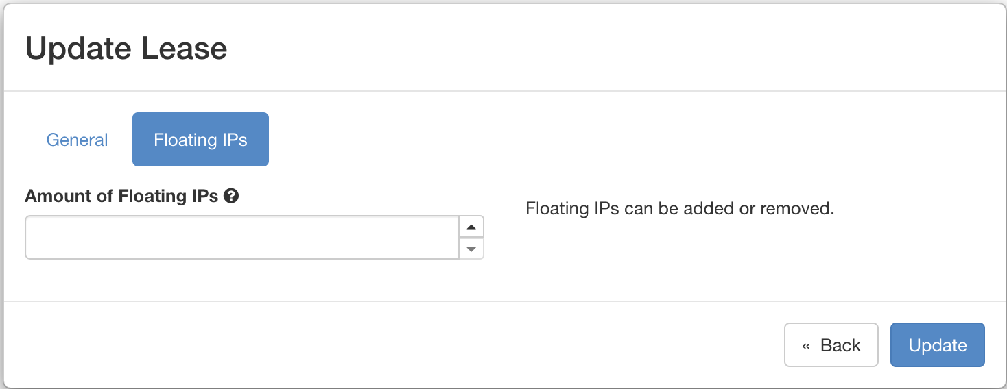 The Update Lease Parameters dialog, changing the number of reserved IPs